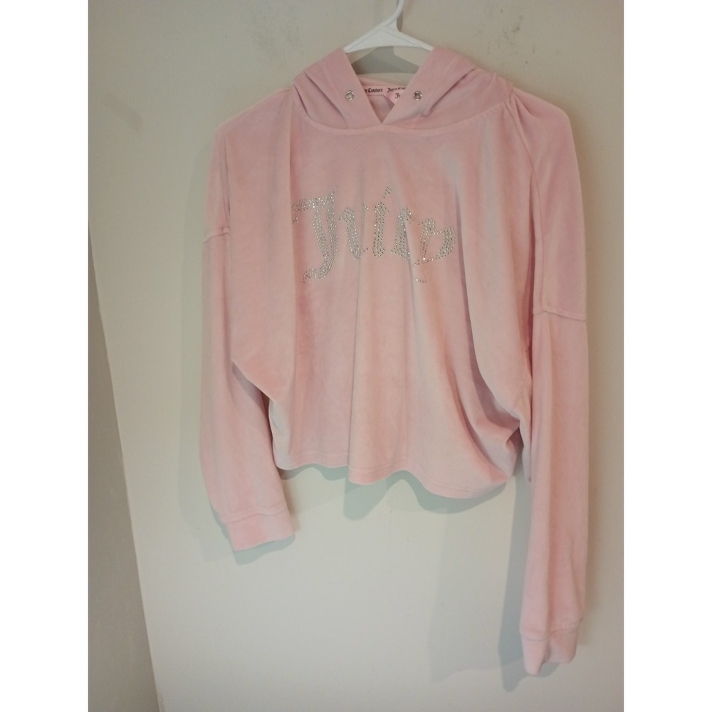 Juicy Couture Hoodie Womens Medium Light Pink Velour Sweatshirt Y2k OG Big Bling